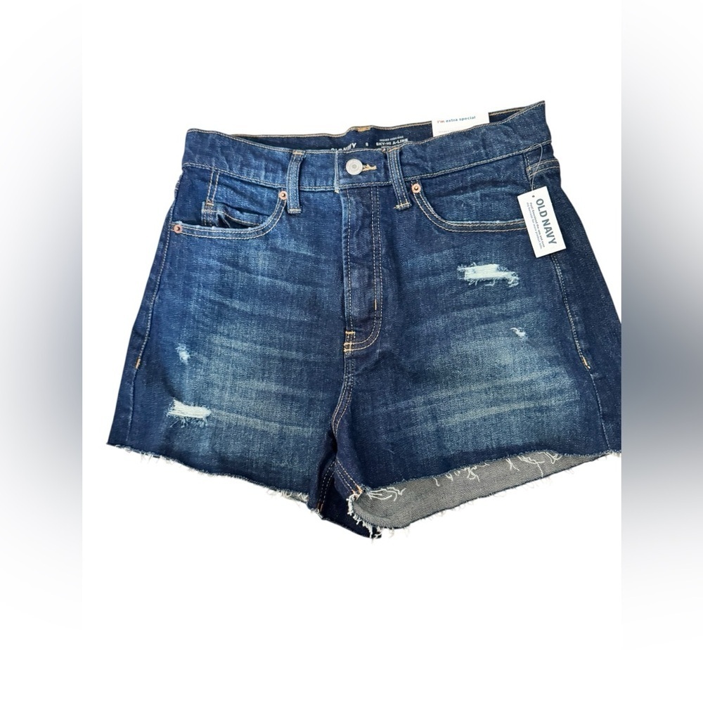 Old Navy Sky-Hi A-Line Denim Shorts 8 High Rise 3” Inseam Distressed NWT B66